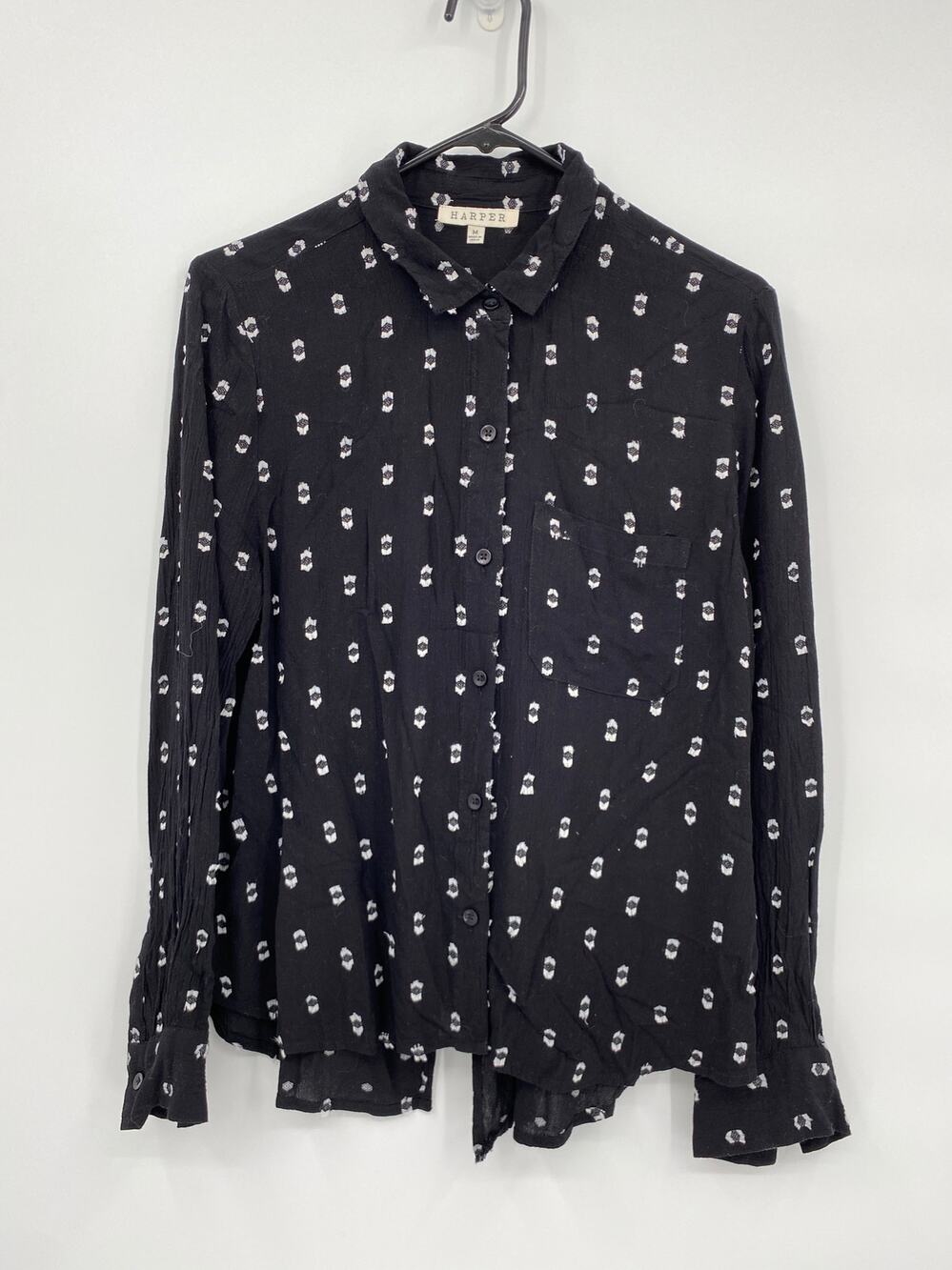 Harper Black Button Front Printed Long Sleeve Blouse Open Back Size Medium